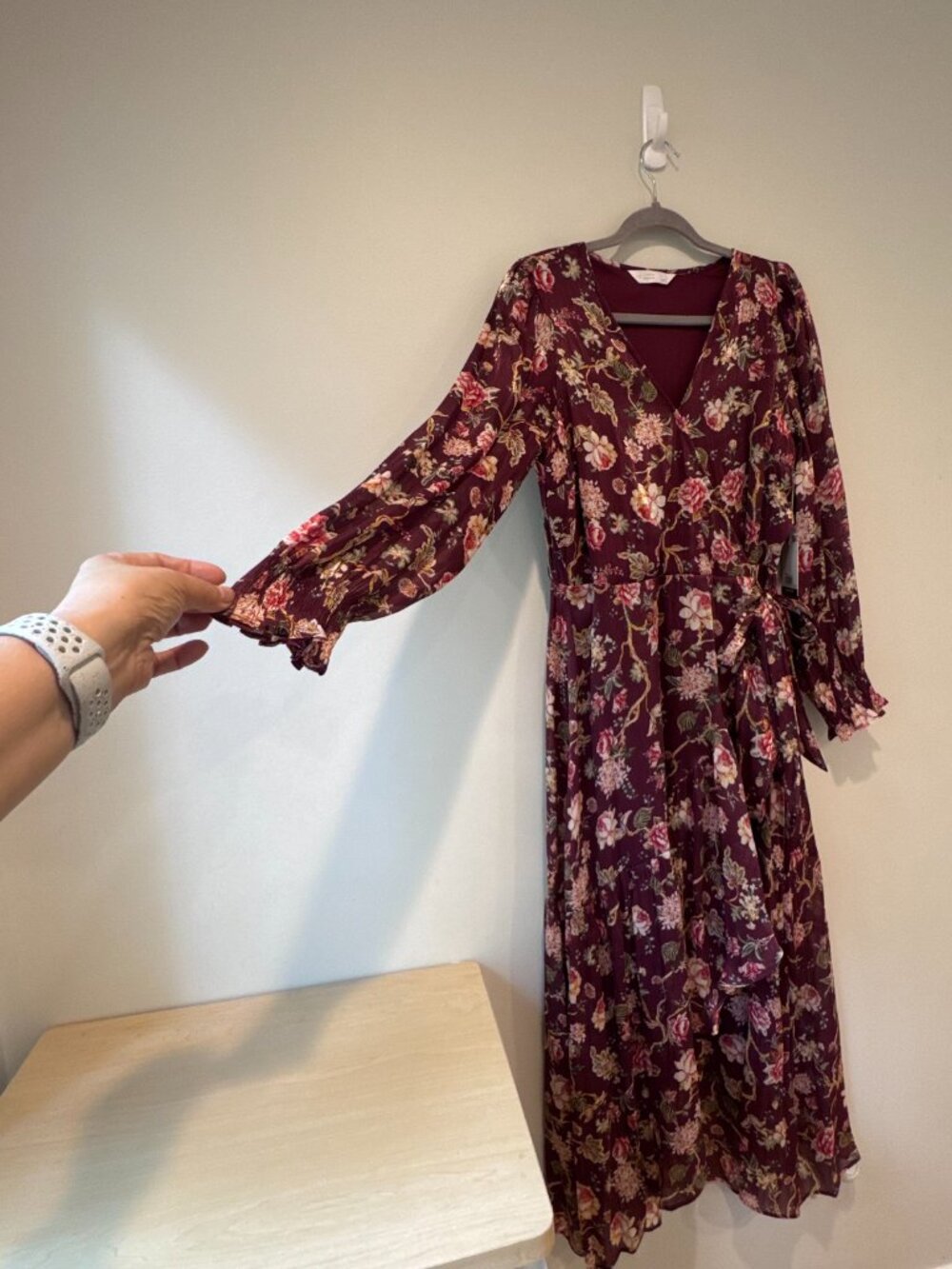 NWT LC Lauren Conrad Floral High-Low Wrap Dress β Burgundy β Size L πΈπ₯ - Picture 3 of 13